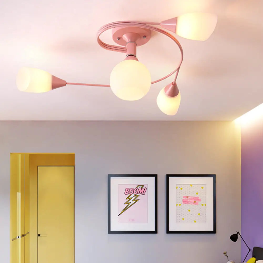 Curly Semi Flush Mount Ceiling Lamp with Nordic Iron & White Glass Shade - 4/6 Head Options in Grey, Pink, or Yellow