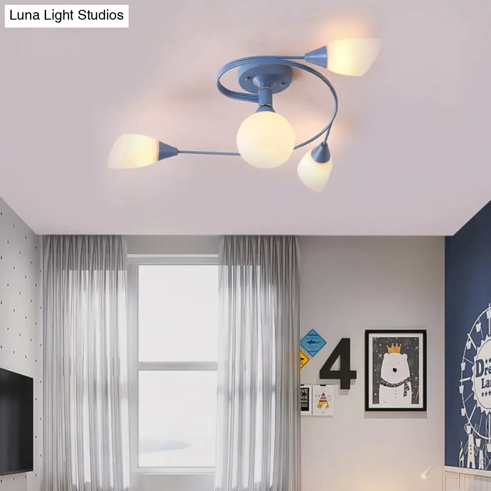 Curly Semi Flush Mount Ceiling Lamp with Nordic Iron & White Glass Shade - 4/6 Head Options in Grey, Pink, or Yellow