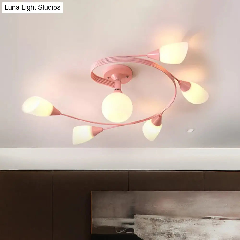 Curly Semi Flush Mount Ceiling Lamp with Nordic Iron & White Glass Shade - 4/6 Head Options in Grey, Pink, or Yellow