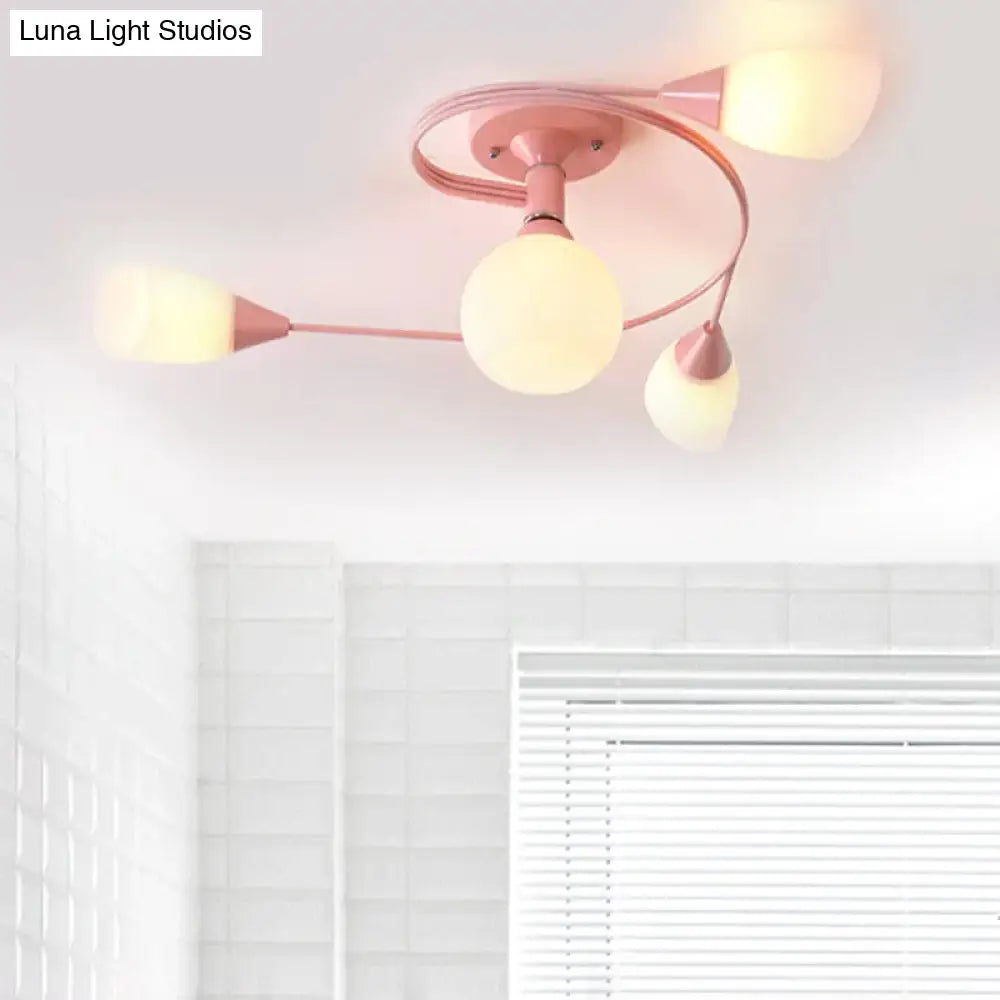 Curly Semi Flush Mount Ceiling Lamp with Nordic Iron & White Glass Shade - 4/6 Head Options in Grey, Pink, or Yellow