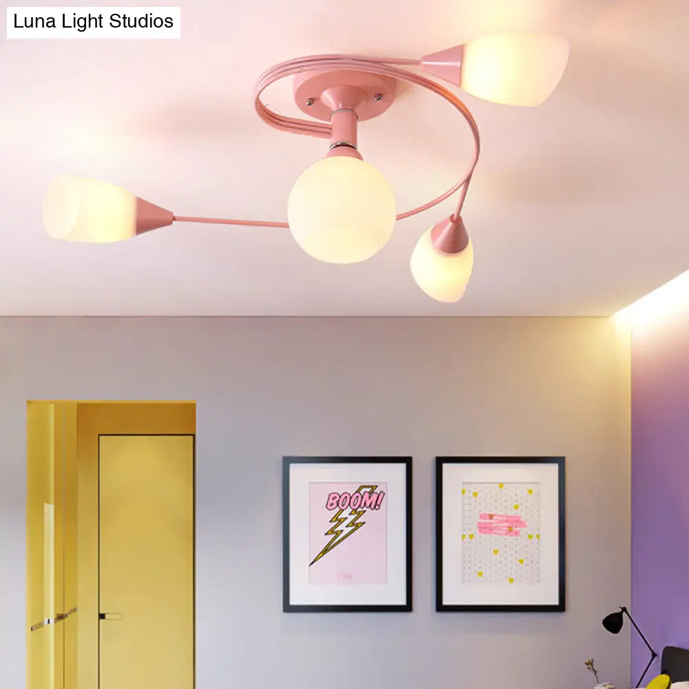 Curly Semi Flush Mount Ceiling Lamp with Nordic Iron & White Glass Shade - 4/6 Head Options in Grey, Pink, or Yellow