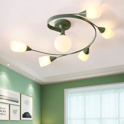 Curly Semi Flush Mount Ceiling Lamp with Nordic Iron & White Glass Shade - 4/6 Head Options in Grey, Pink, or Yellow