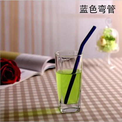 Blue curved glass drinking straw for kitchen use in durable glass drinking accessory design