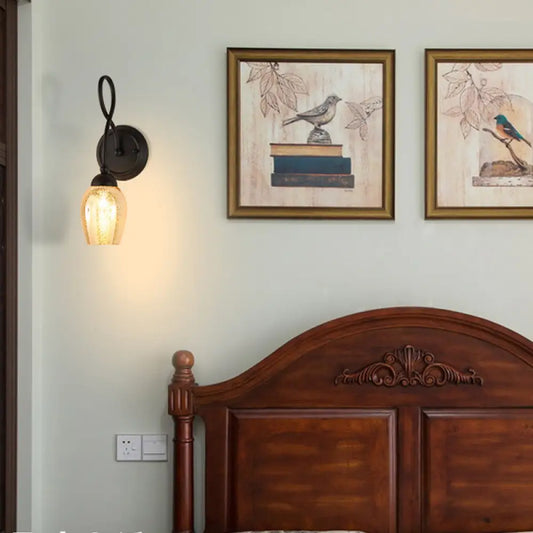 Curved Arm Mercury Glass Wall Sconce - Industrial Bedroom Light Fixture in Black