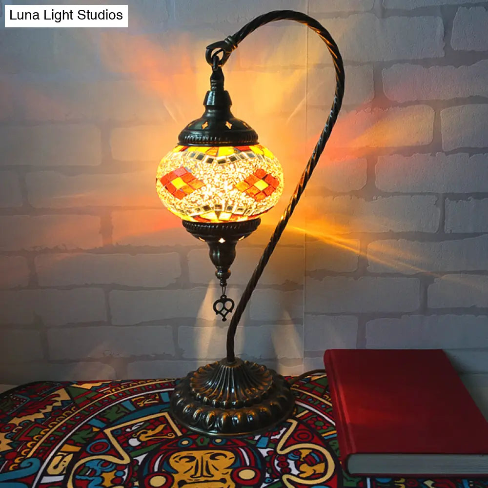 Curved Arm Retro Stained Glass Nightstand Lamp - White/Yellow/Orange