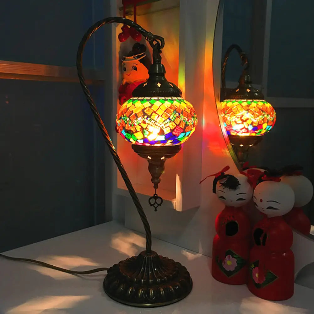 Curved Arm Retro Stained Glass Nightstand Lamp - White/Yellow/Orange