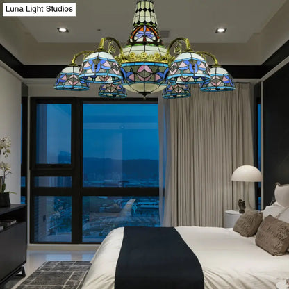 ثريا زجاجية ملونة بذراع منحنية - ١١ مصباحًا على طراز السقف المتوسطي باللون الوردي/الأزرق/الأزرق المائل للأرجواني