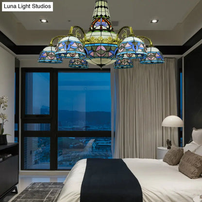 ثريا زجاجية ملونة بذراع منحنية - ١١ مصباحًا على طراز السقف المتوسطي باللون الوردي/الأزرق/الأزرق المائل للأرجواني