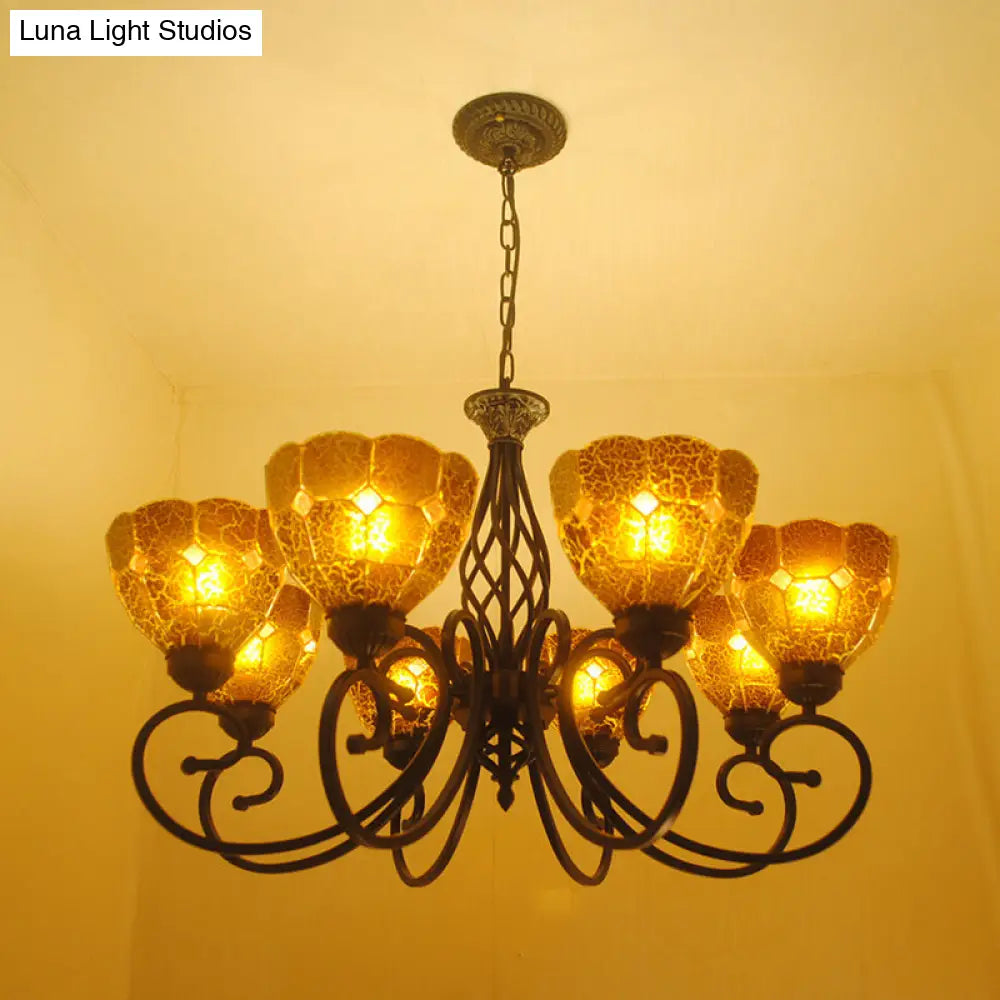 Curved Arm Tiffany Tan Crackle Glass Chandelier - 8 Lights - Gold Pendant Lamp