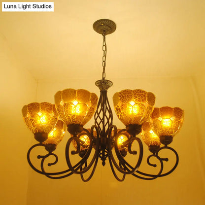 Curved Arm Tiffany Tan Crackle Glass Chandelier - 8 Lights - Gold Pendant Lamp