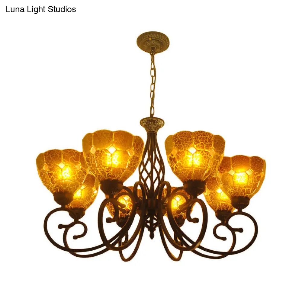 Curved Arm Tiffany Tan Crackle Glass Chandelier - 8 Lights - Gold Pendant Lamp