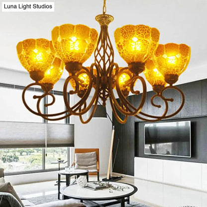 Curved Arm Tiffany Tan Crackle Glass Chandelier - 8 Lights - Gold Pendant Lamp