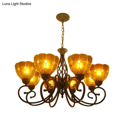 Curved Arm Tiffany Tan Crackle Glass Chandelier - 8 Lights - Gold Pendant Lamp