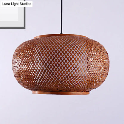 Curved Bamboo Drum Pendant Light Kit - Asian-inspired, 1 Bulb, Brown Hanging Lamp - 16"/19.5"/23.5" Wide