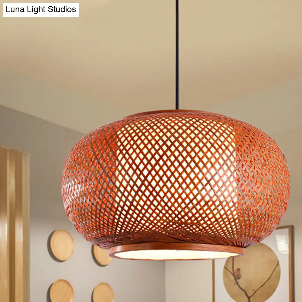 Curved Bamboo Drum Pendant Light Kit - Asian-inspired, 1 Bulb, Brown Hanging Lamp - 16"/19.5"/23.5" Wide