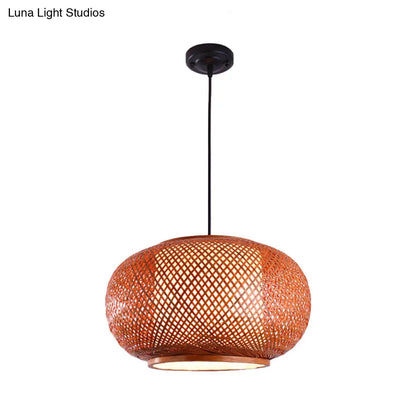 Curved Bamboo Drum Pendant Light Kit - Asian-inspired, 1 Bulb, Brown Hanging Lamp - 16"/19.5"/23.5" Wide