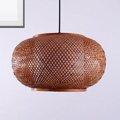 Curved Bamboo Drum Pendant Light Kit - Asian-inspired, 1 Bulb, Brown Hanging Lamp - 16"/19.5"/23.5" Wide