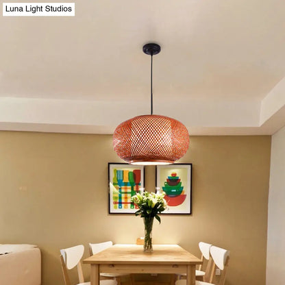 Curved Bamboo Drum Pendant Light Kit - Asian-inspired, 1 Bulb, Brown Hanging Lamp - 16"/19.5"/23.5" Wide