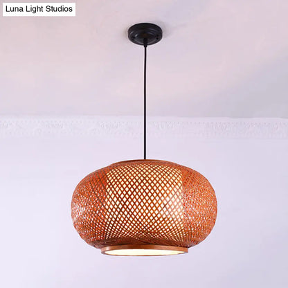 Curved Bamboo Drum Pendant Light Kit - Asian-inspired, 1 Bulb, Brown Hanging Lamp - 16"/19.5"/23.5" Wide