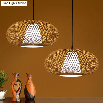 Curved Bamboo Pendant Drum Light with Tradition Design - 12"/14"/16" Wide Hanging Lamp Kit