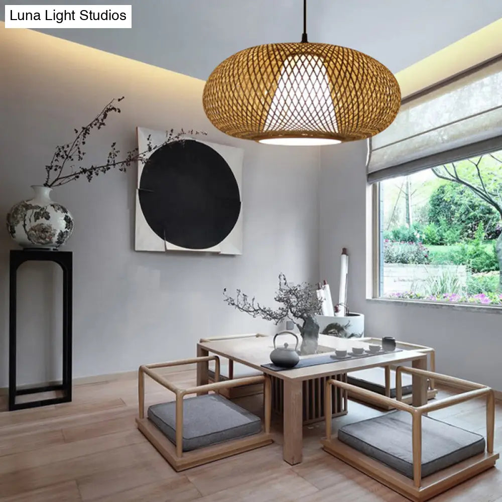 Curved Bamboo Pendant Drum Light with Tradition Design - 12"/14"/16" Wide Hanging Lamp Kit