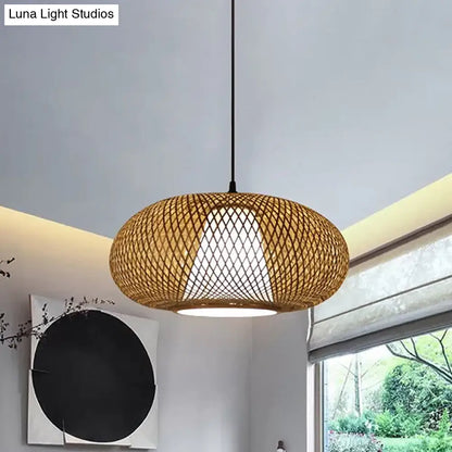 Curved Bamboo Pendant Drum Light with Tradition Design - 12"/14"/16" Wide Hanging Lamp Kit