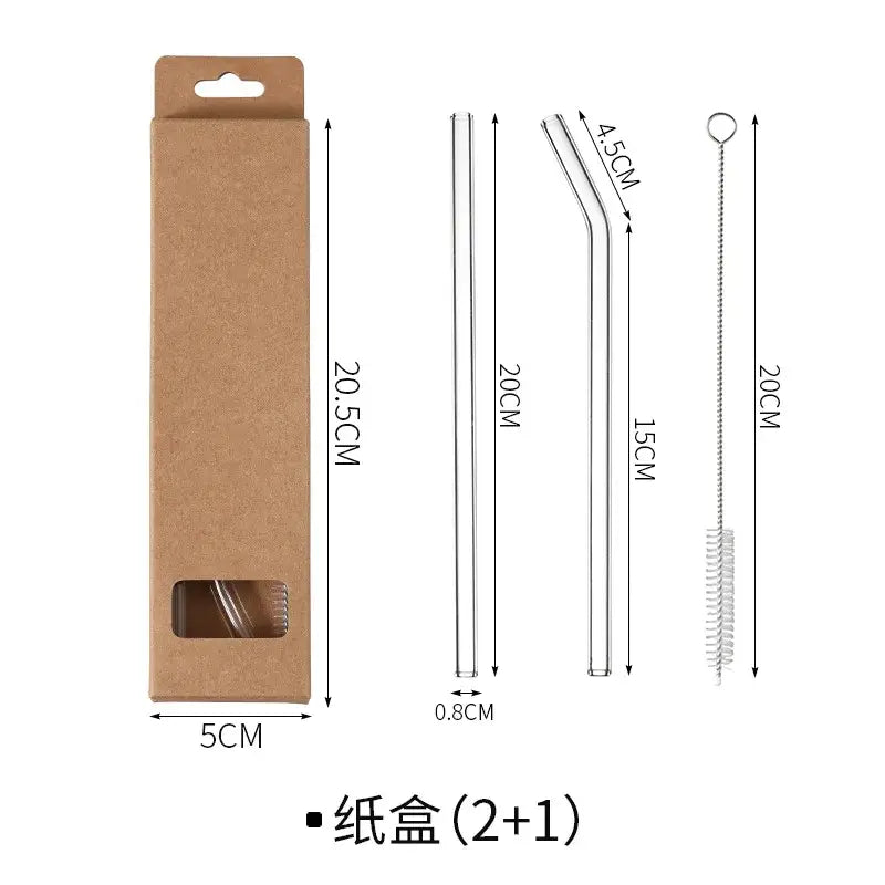 Set of three curved and straight clear decorbites glass straws with metal cleaning brush for eco friendly use