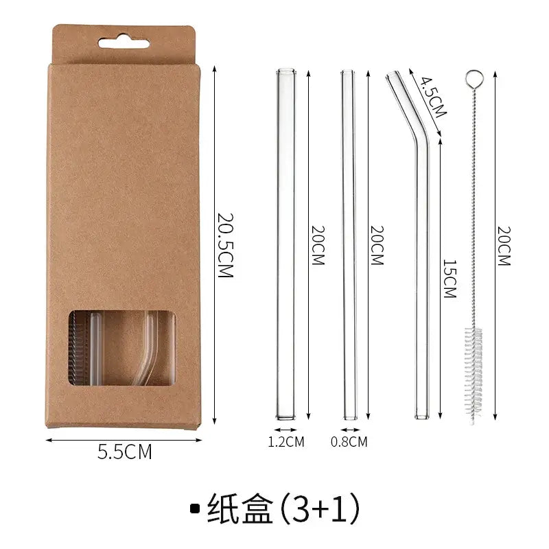 Set of curved clear glass straws in varying shapes and lengths with metal cleaning brush by decorbites glass straws