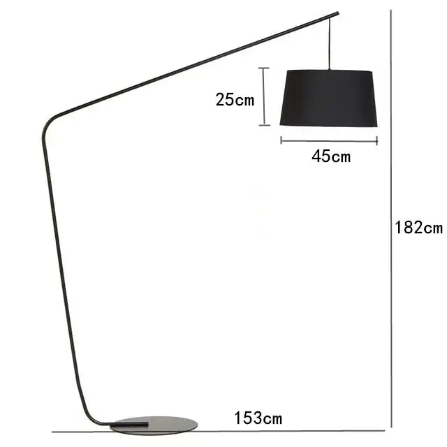 Black cylindrical led floor lamp with curved metal frame and circular base for living room and bedroom lighting