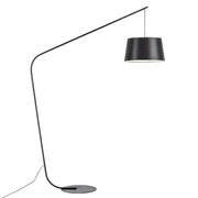 Curved matte black led floor lamp with sleek metal arm and cylindrical shade for living room and bedroom lighting