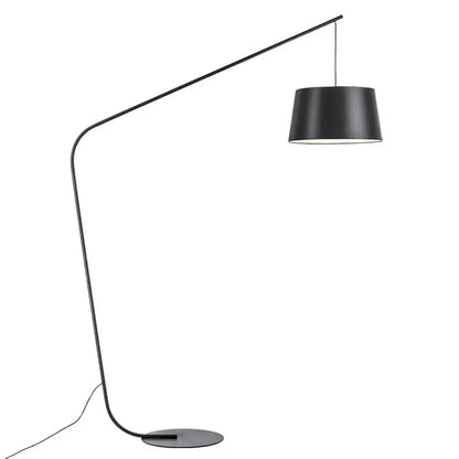 Curved matte black led floor lamp with sleek metal arm and cylindrical shade for living room and bedroom lighting