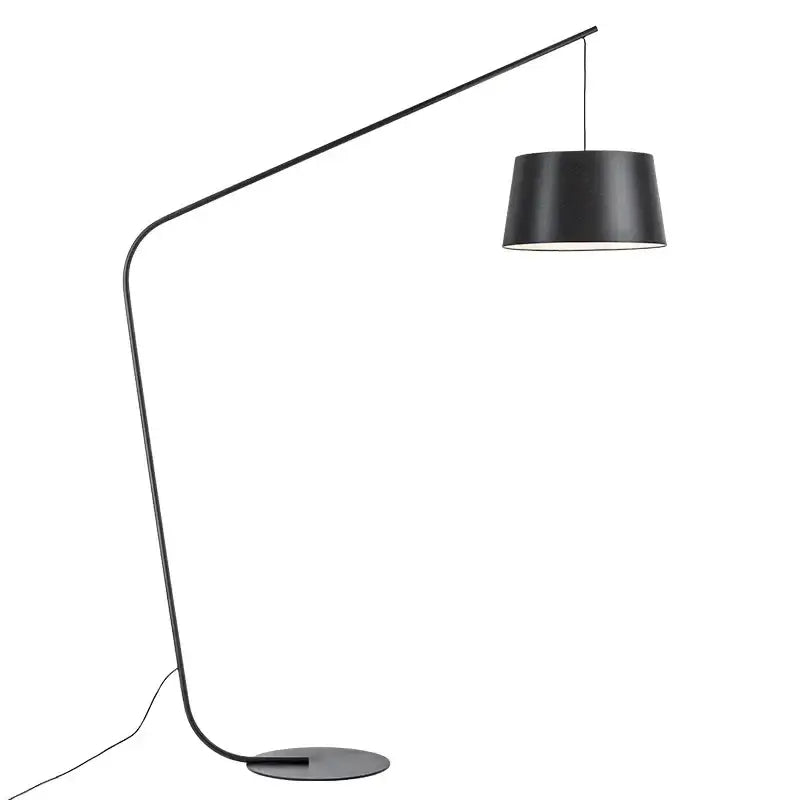 Curved matte black led floor lamp with sleek metal arm and cylindrical shade for living room and bedroom lighting
