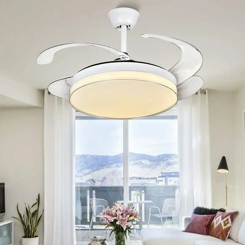 Modern white curved decorbites led ceiling fan with integrated circular light fixture for bedroom lighting