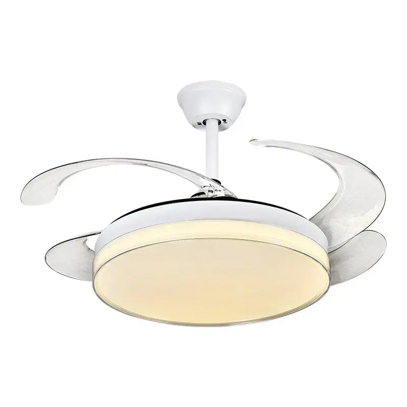 Modern white and chrome curved decorbites led ceiling fan with integrated lighting for bedroom use