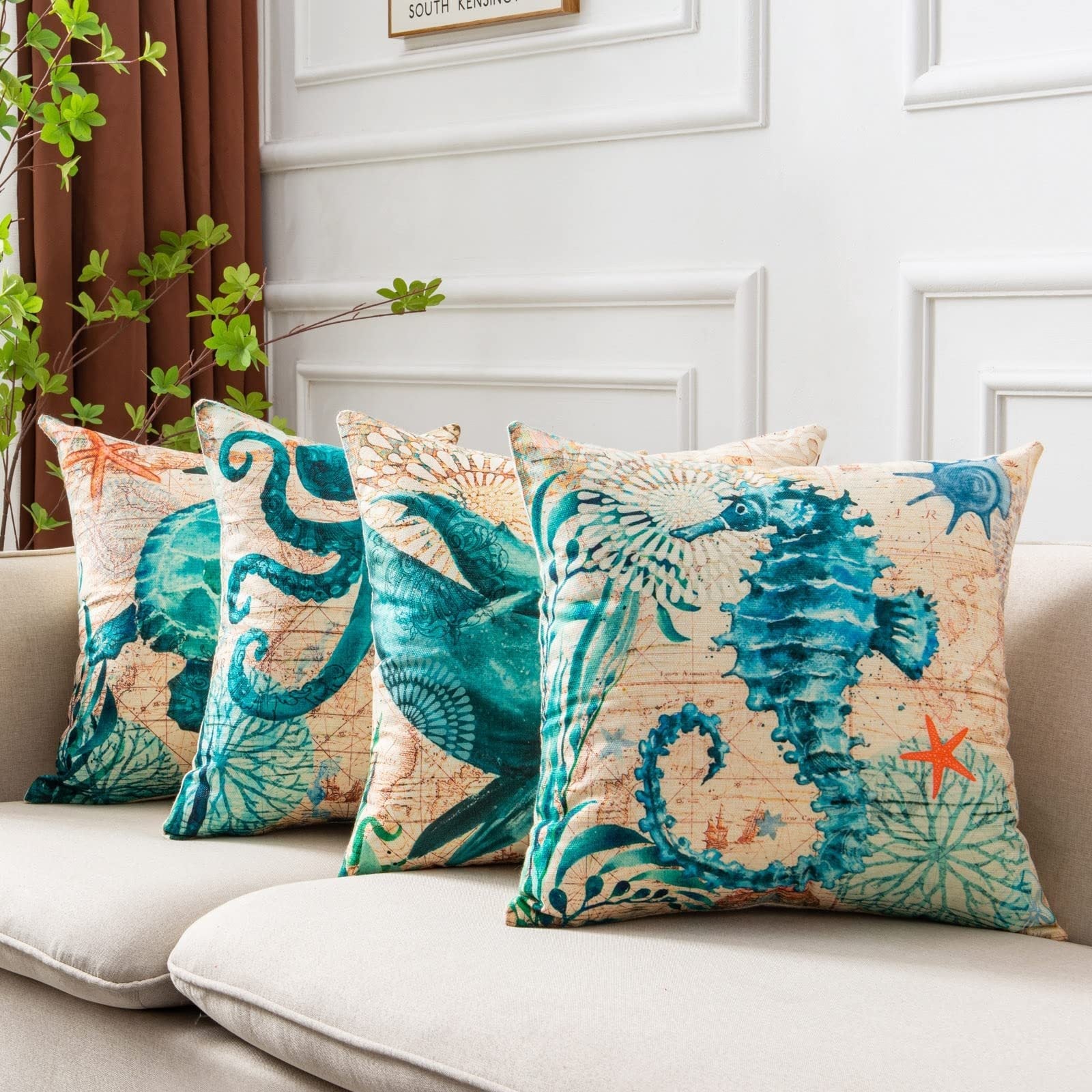 Cushion covers sea turtle printed throw pillow cases with seahorse and octopus design in teal blue beige cotton blend fabric featuring high-definition digital printing