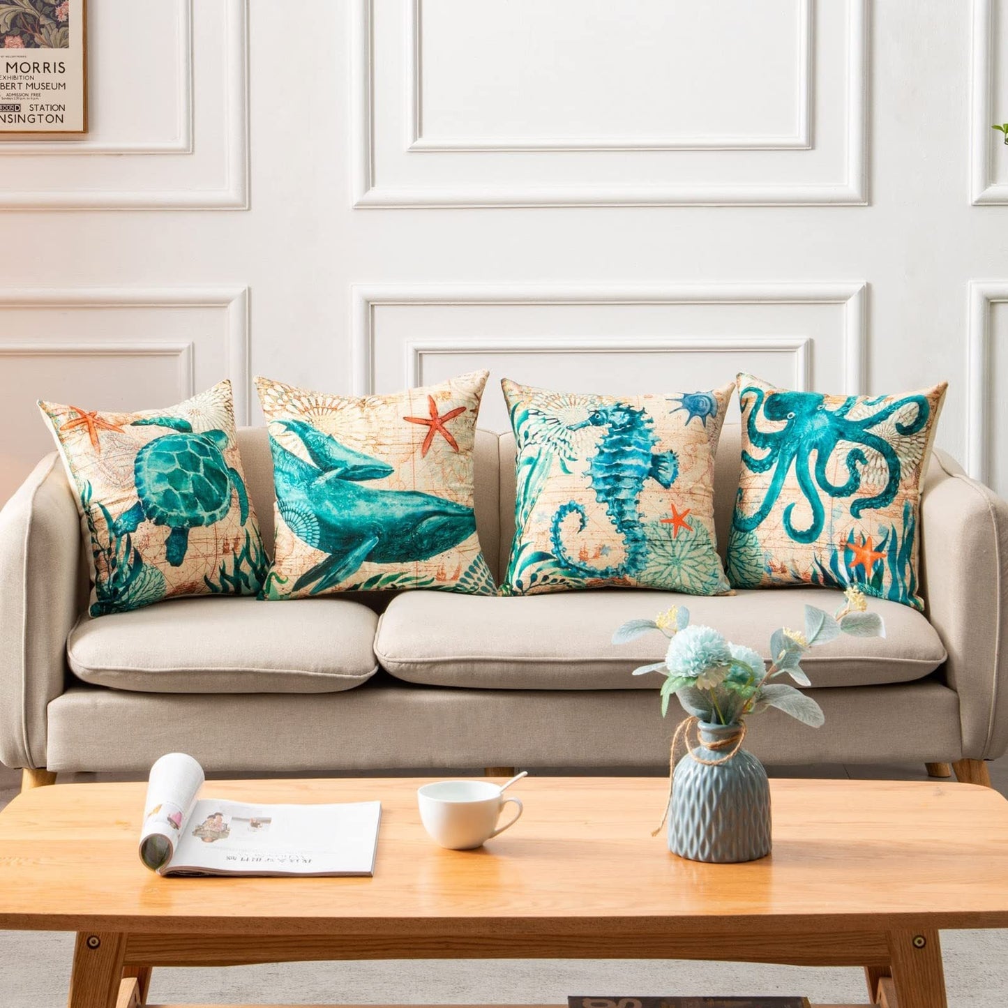 Teal octopus throw pillow cover set of 4 with linen texture and marine life designs.