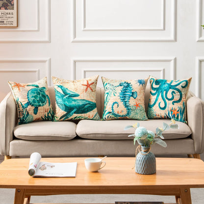 Teal octopus throw pillow cover set of 4 with linen texture and marine life designs.