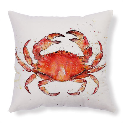 Red crab throw pillow with watercolor design on white background.