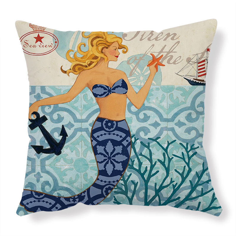 Mermaid-themed navy and white throw pillow with anchor and starfish featuring high-definition digital printing for home decor