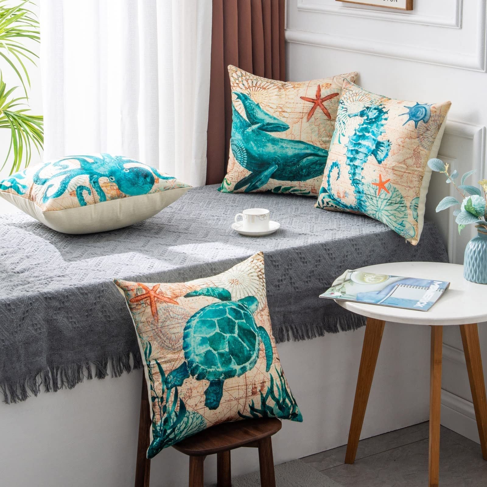 Teal sea turtle printed throw pillow cover with starfish coral design cotton blend featuring high-definition digital printing for home decor