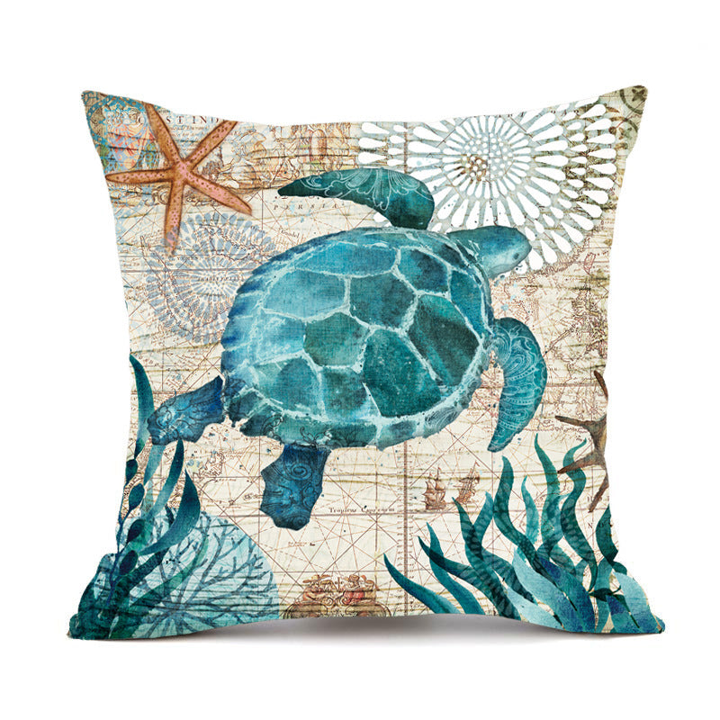 Sea turtle throw pillow cover with vibrant blue and green hues, starfish accents, nautical map design background.
