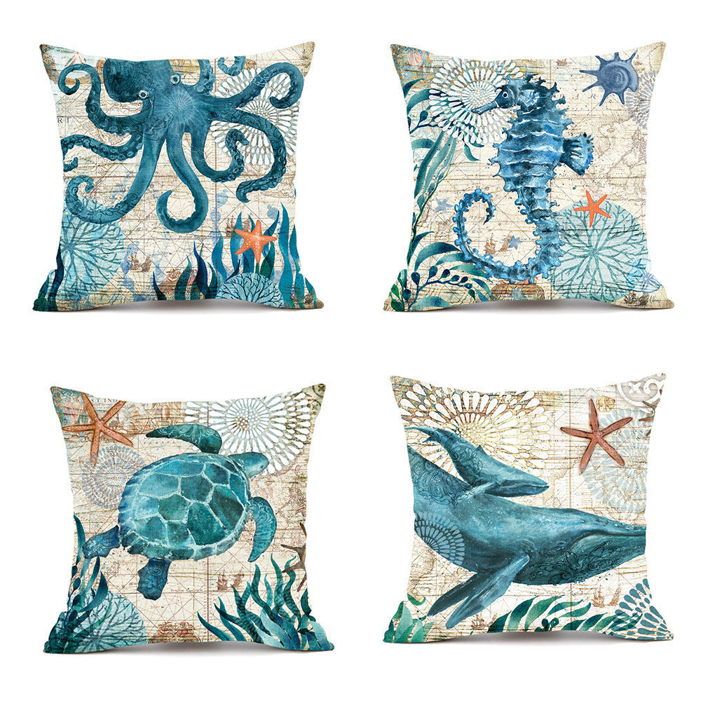 4-pack ocean-themed throw pillow covers featuring sea creatures and nautical elements in blue, green, white, and beige.