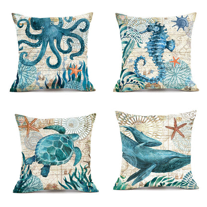 4-pack ocean-themed throw pillow covers featuring sea creatures and nautical elements in blue, green, white, and beige.
