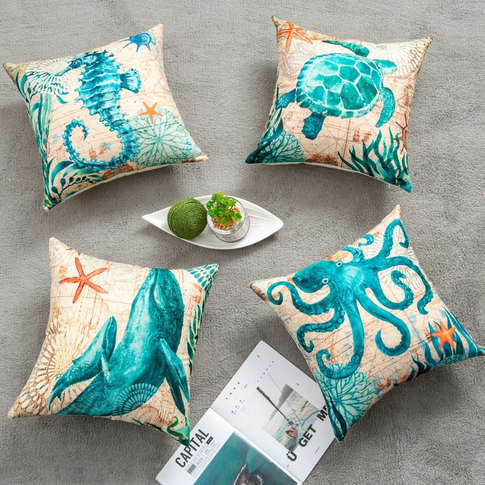 Teal octopus throw pillow cover set of 5 with seahorse and turtle designs on cream background featuring high-definition digital printing