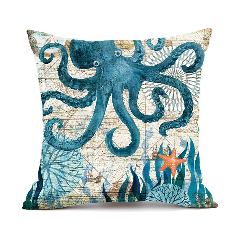 Blue octopus throw pillow cover with nautical design and starfish accents.