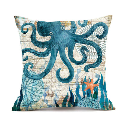 Blue octopus throw pillow cover with nautical design and starfish accents.