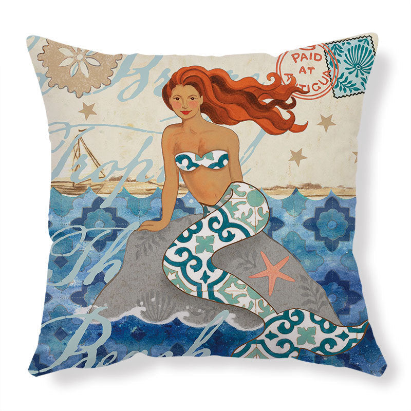 Mermaid-themed throw pillow with teal and white patterned tail red hair striped top featuring high-definition digital printing for home decor