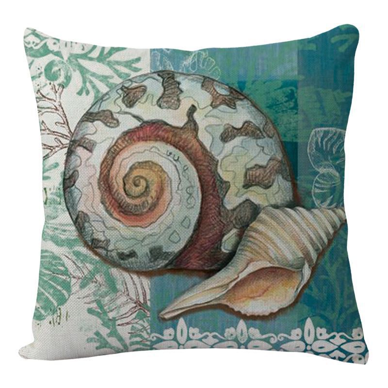 Seashell-themed linen throw pillow cover with spiral design and natural tones featuring high-definition digital printing for home decor
