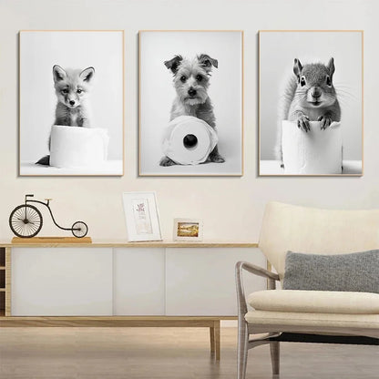 Cute Animals Canvas Wall Art for Bathroom