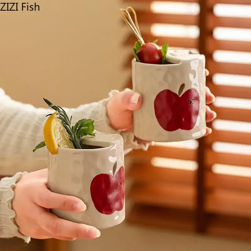 Ceramic white matte coffee mug with cute red apple decals and decorbites bowknot pattern for dining room use